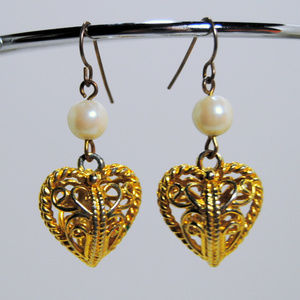 Gold Heart and Pearl Earrings